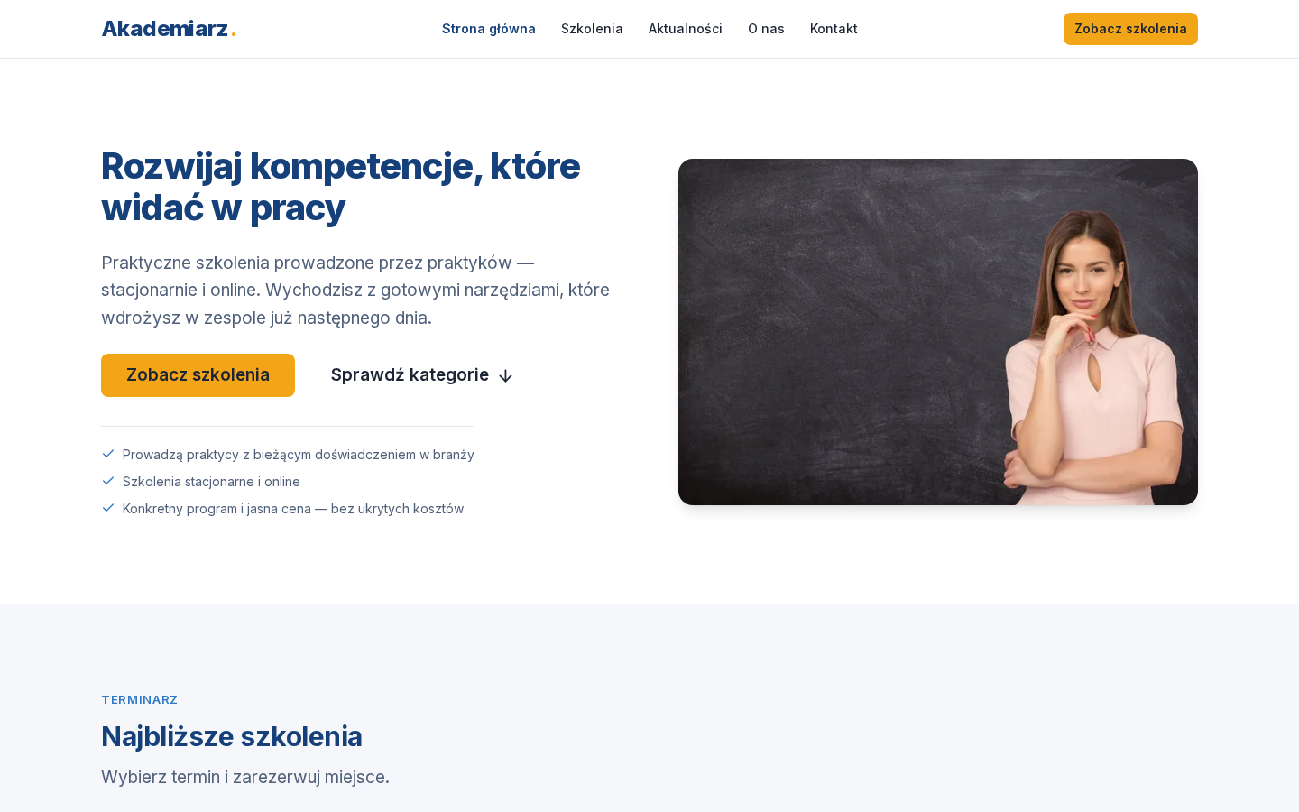 Strona wygenerowana przez WebConcept z opisu: Akademia szkoleń dla firm. Kursy stacjonarne i online prowadzone przez praktyków.