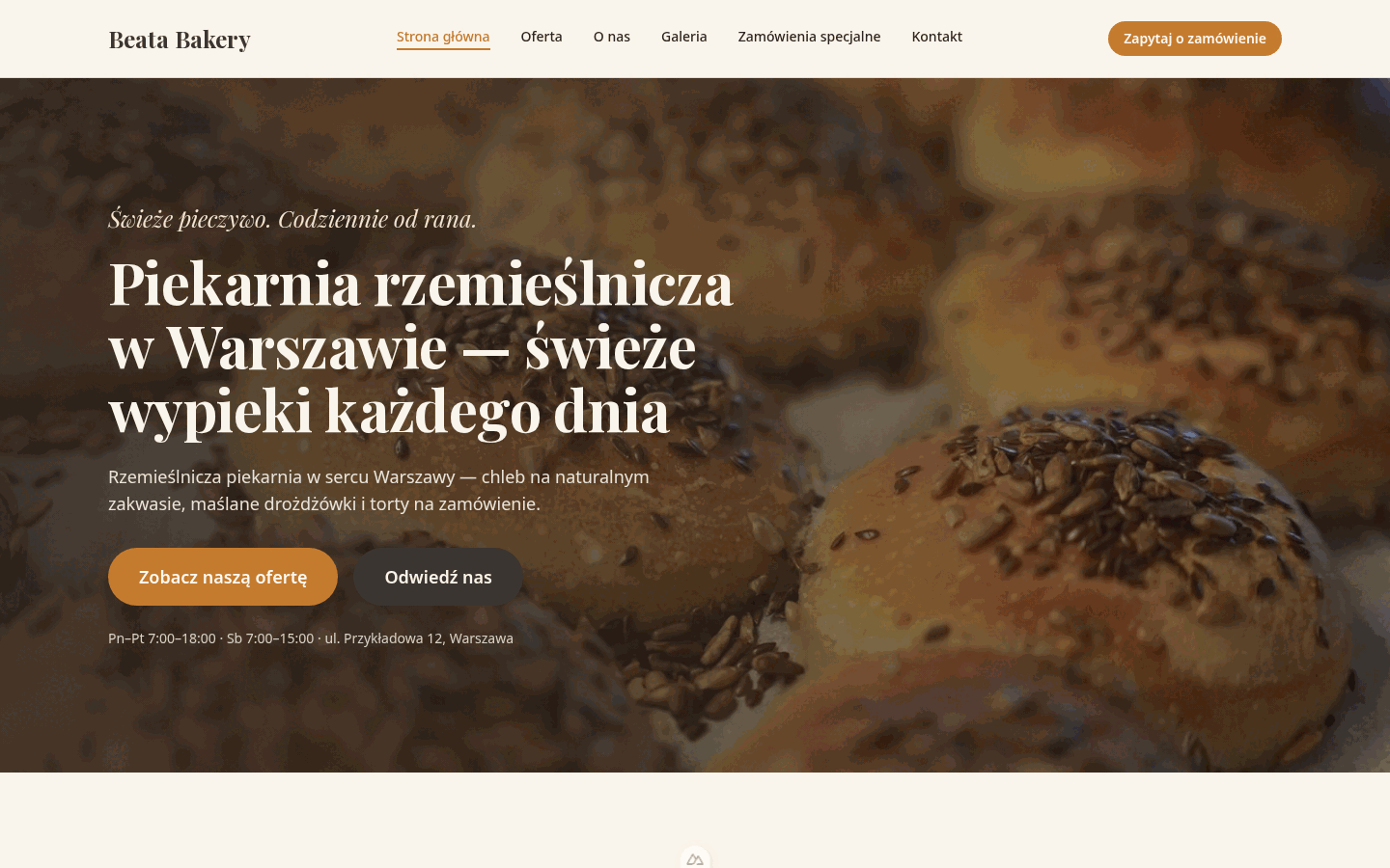 Strona wygenerowana przez WebConcept z opisu: Prowadzę nowoczesną piekarnię w Krakowie. Świeże rogaliki i chleb na zakwasie każdego ranka.